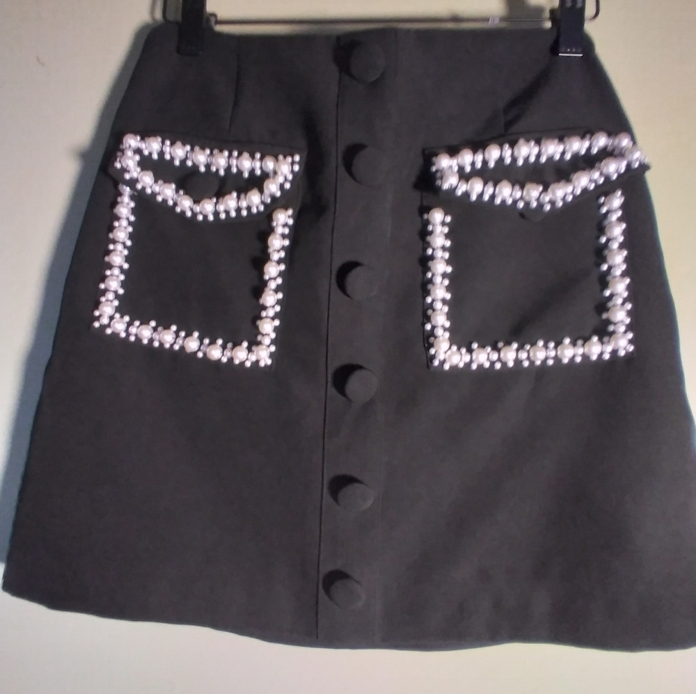 Elegant Black Skirt with Pearl Accents Mock Front Buttons Looks Like M Girlcore